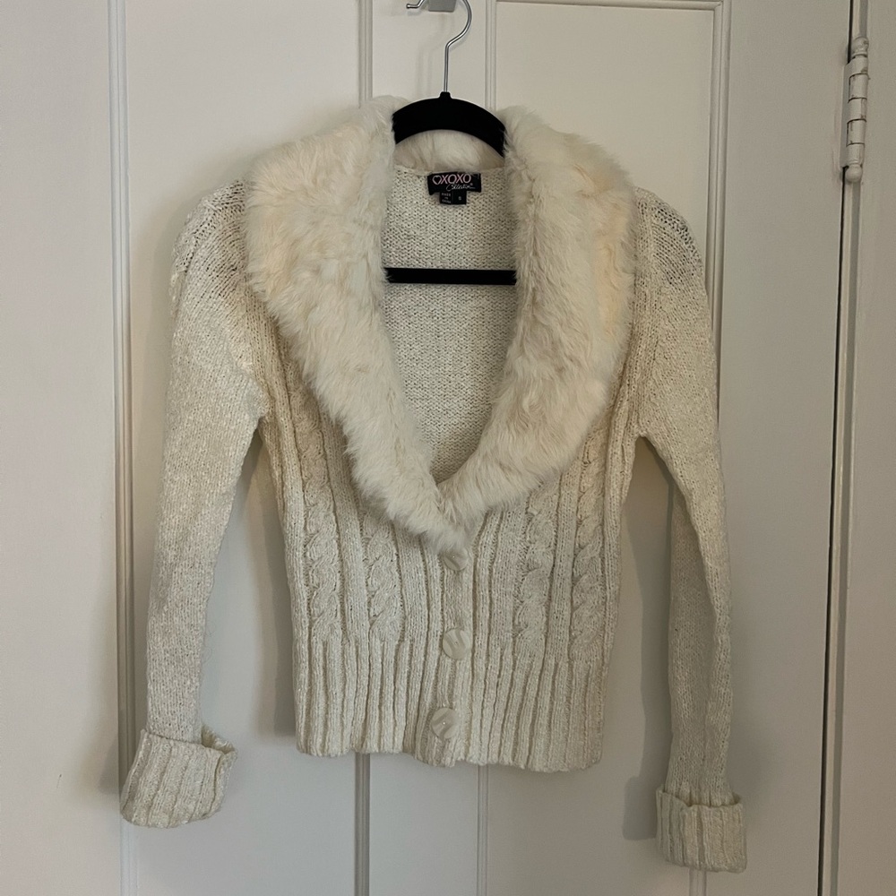 XOXO Women's Cream Cardigan with Real Rabbit Fur Collar